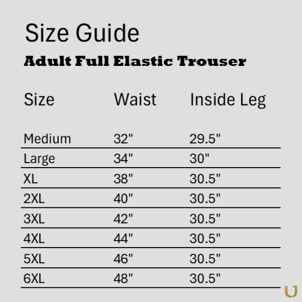 Size guide for adult full elastic school trousers