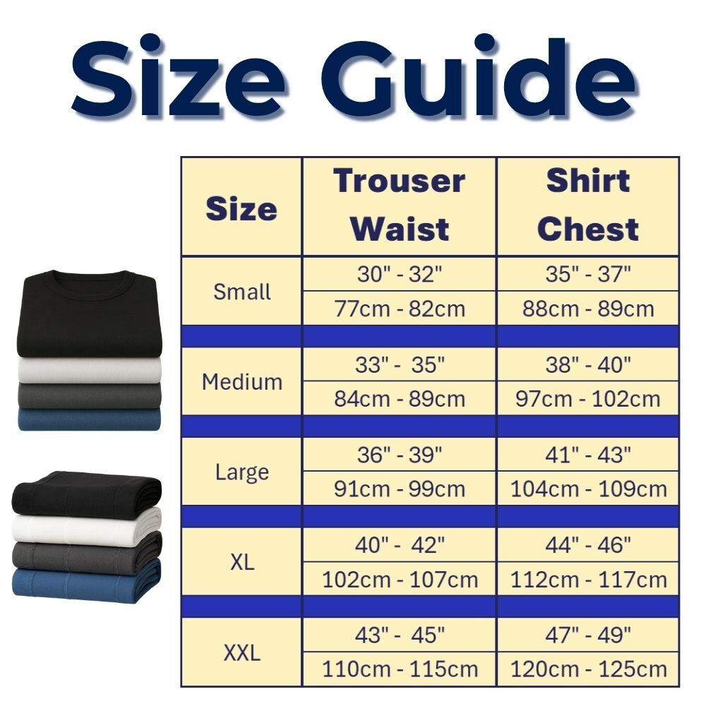 Size guide for men’s thermal long johns and long sleeve tops with measurements