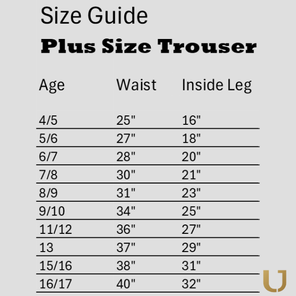 Size guide for sturdy fit plus size school trousers