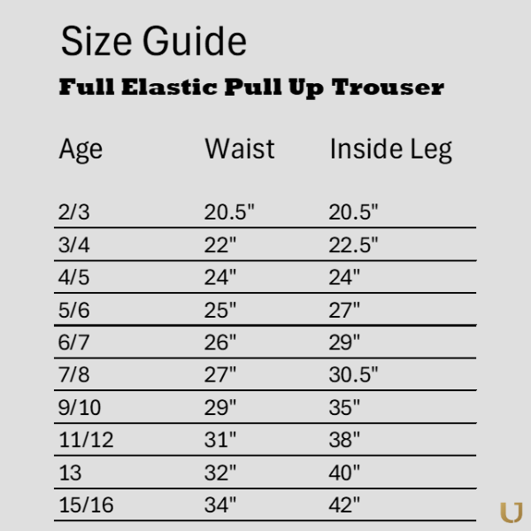 Size guide for Ayra twin pack full elastic school trousers