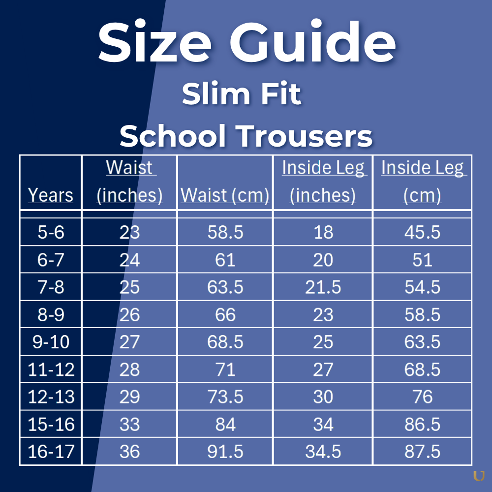 Size guide for boys slim fit elastic waist school trousers