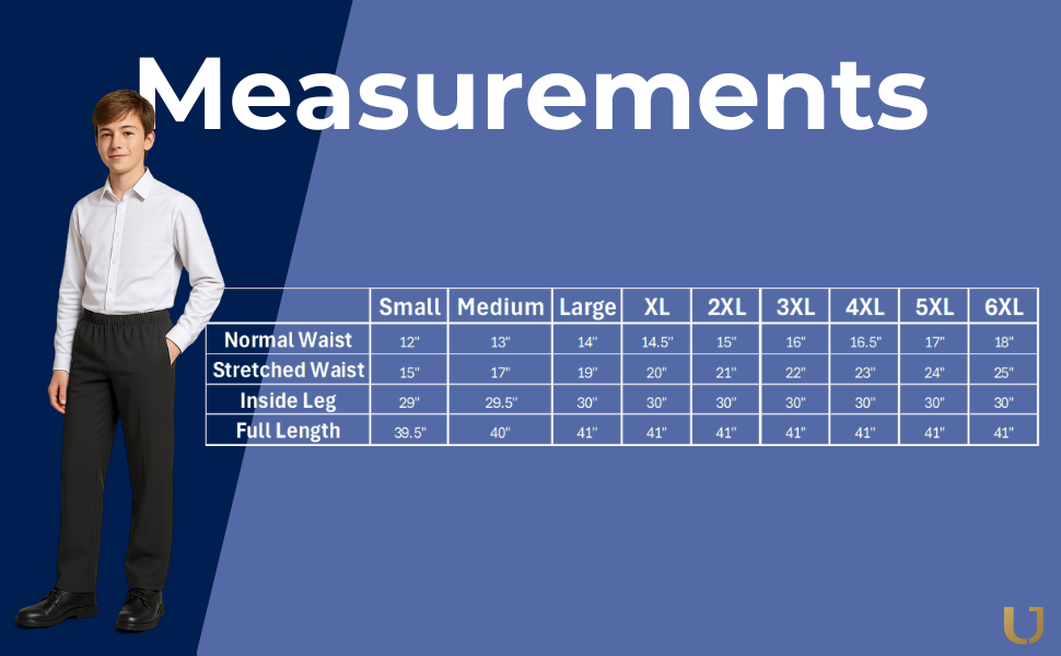 Measurents and sizes for Full Elastic Pull Trouser Children and Adult Trousers