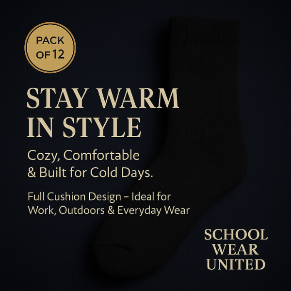 Stay warm in style – men’s thermal socks showcasing thick, cozy cotton blend fabric for comfort and insulation – School Wear United.
