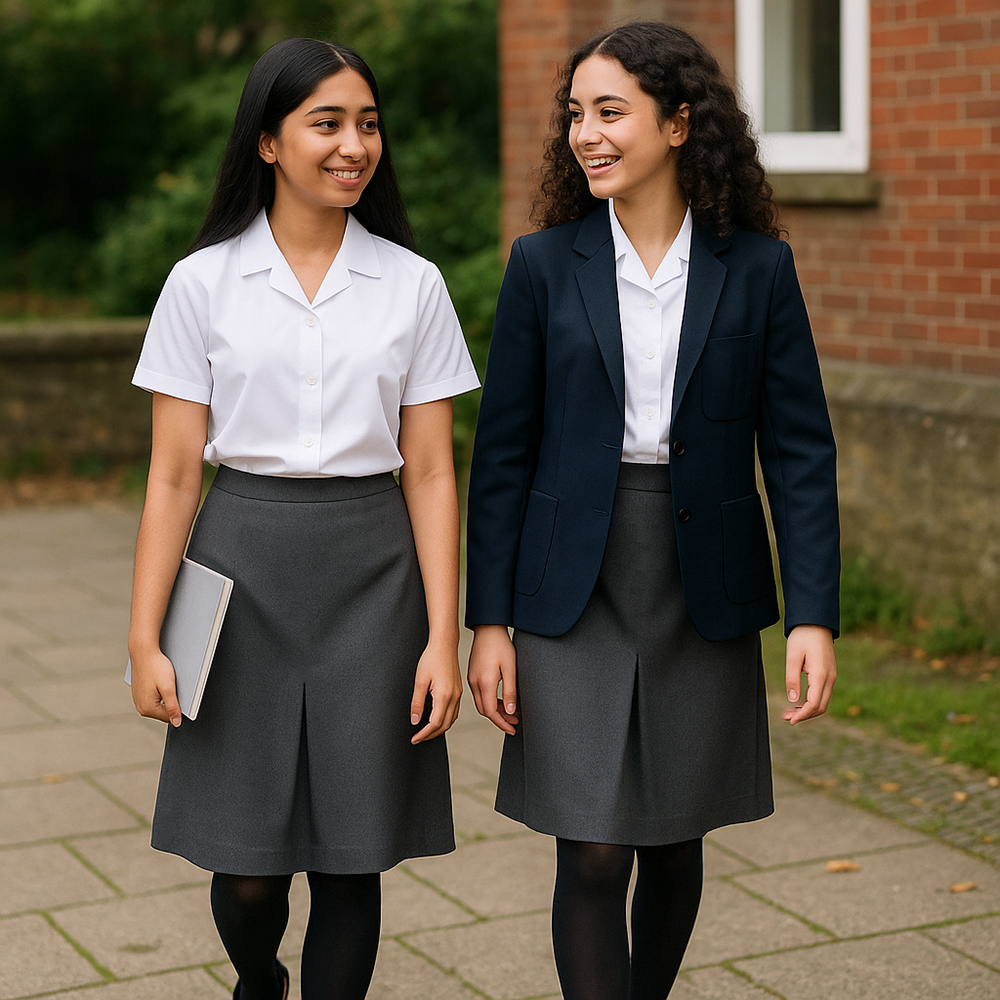 Two Secondary Students Wearing the Grey Thornton Classic A-Line Skirt with Front Pleat by Banner