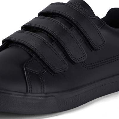 Kickers Tovni Trip Leather Youth School Shoes Black side view showing triple Velcro strap