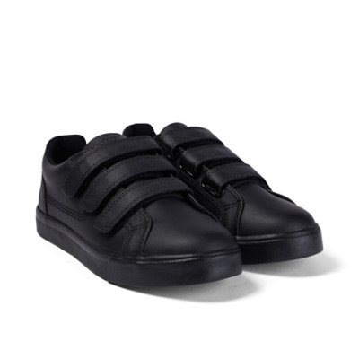 Kickers Tovni Trip Leather Youth School Shoes Black top view showing Velcro strap layout