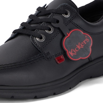 Kickers Kelland Lace Leather Youth School Shoes Black side view detail