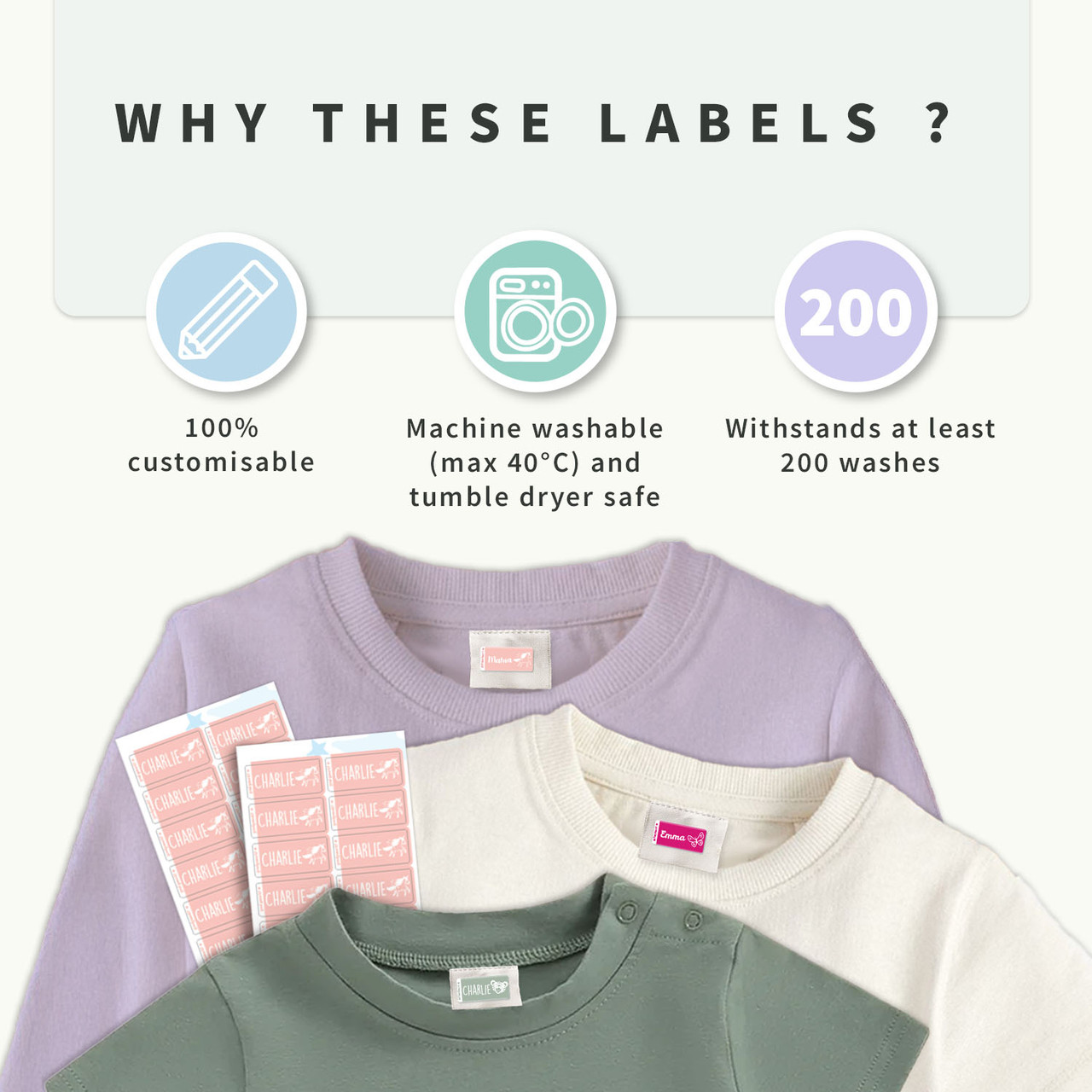 Easy2Name Clothing Name Stickers, One Colour with Icon