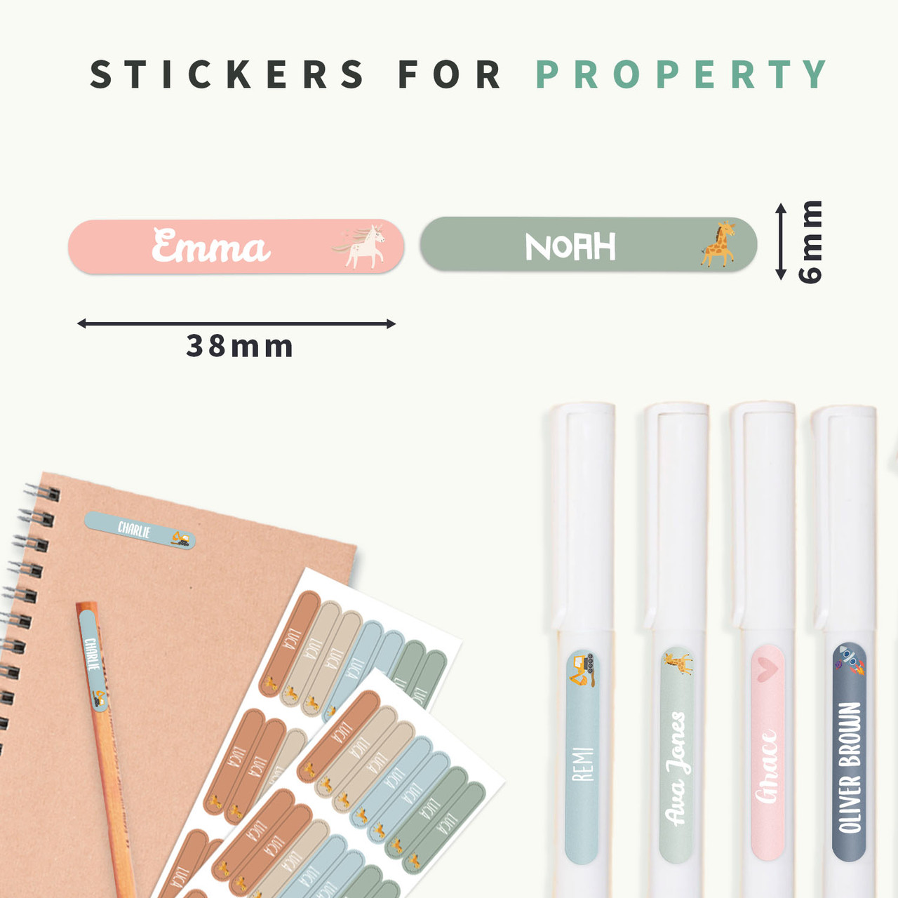 Easy2Name Mini Name Stickers for Kids, Personalised with Icon