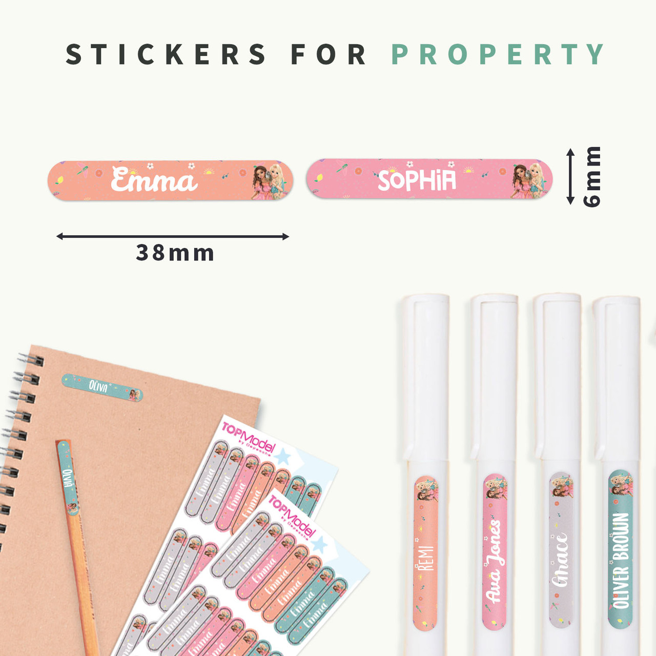 Easy2Name Mini Name Stickers for Kids, TOPModel Designs