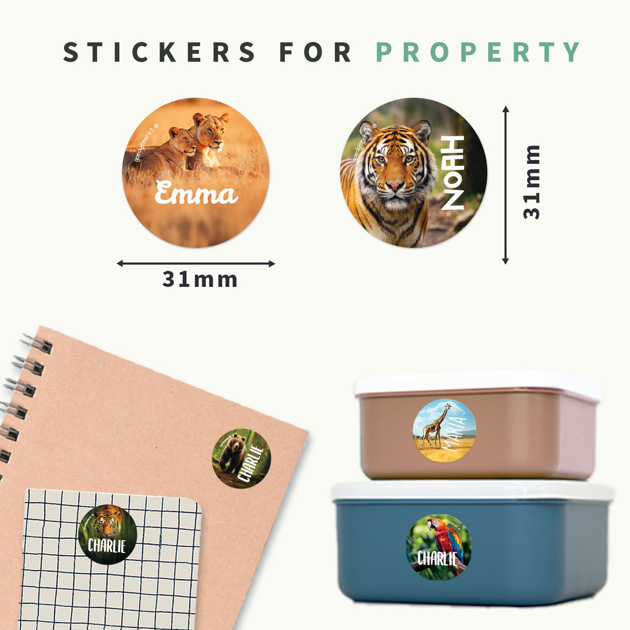 Easy2Name Round Name Stickers for Kids, Real World Designs