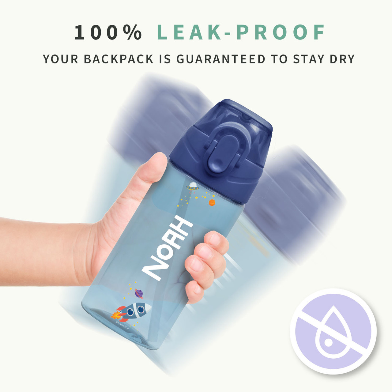 Leak-proof 450 ml kids water bottle with the name Noah, safe to carry in a school bag