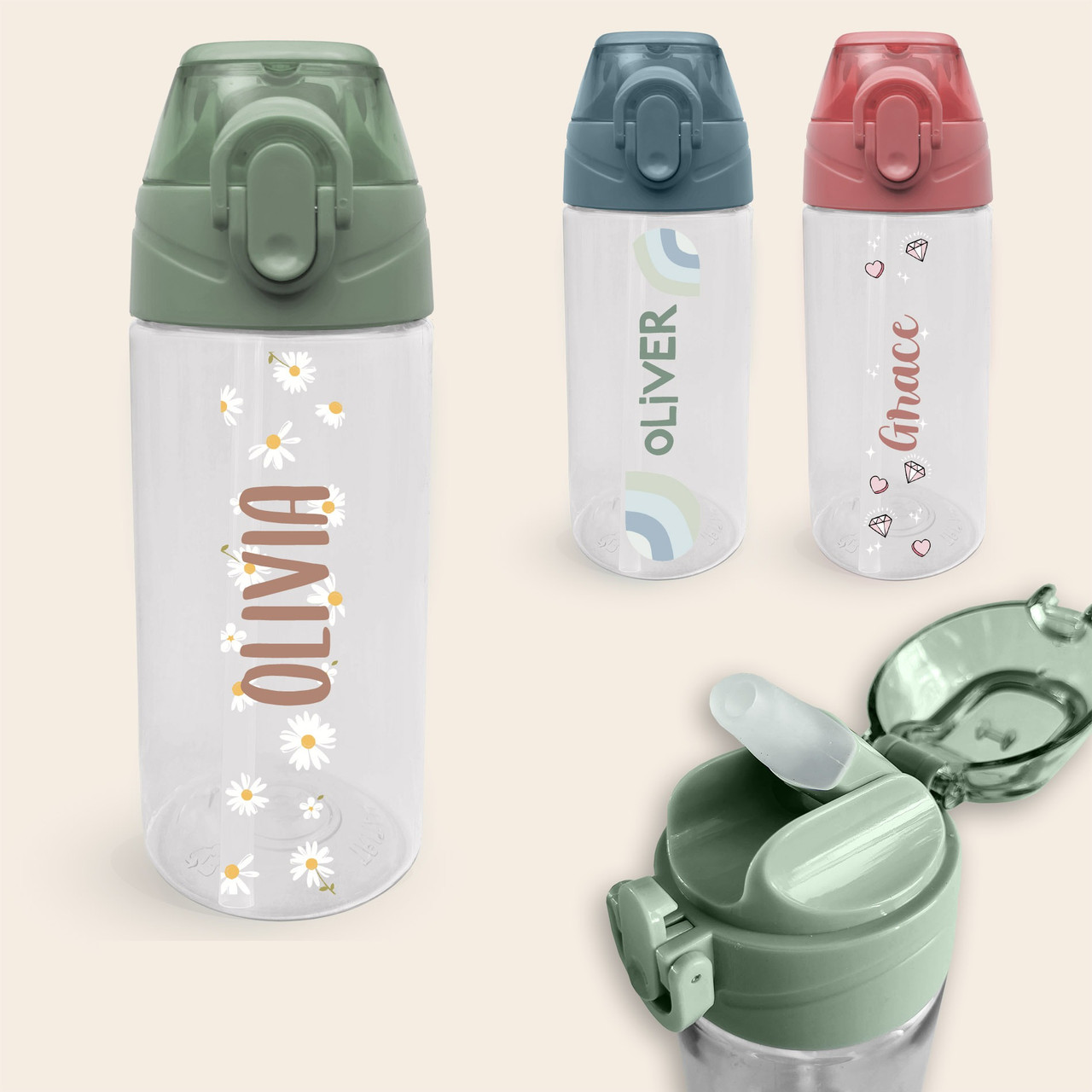 Three personalised kids water bottles, 450 ml, with pattern designs and the names Olivia, Oliver and Grace, Olivia with daisies