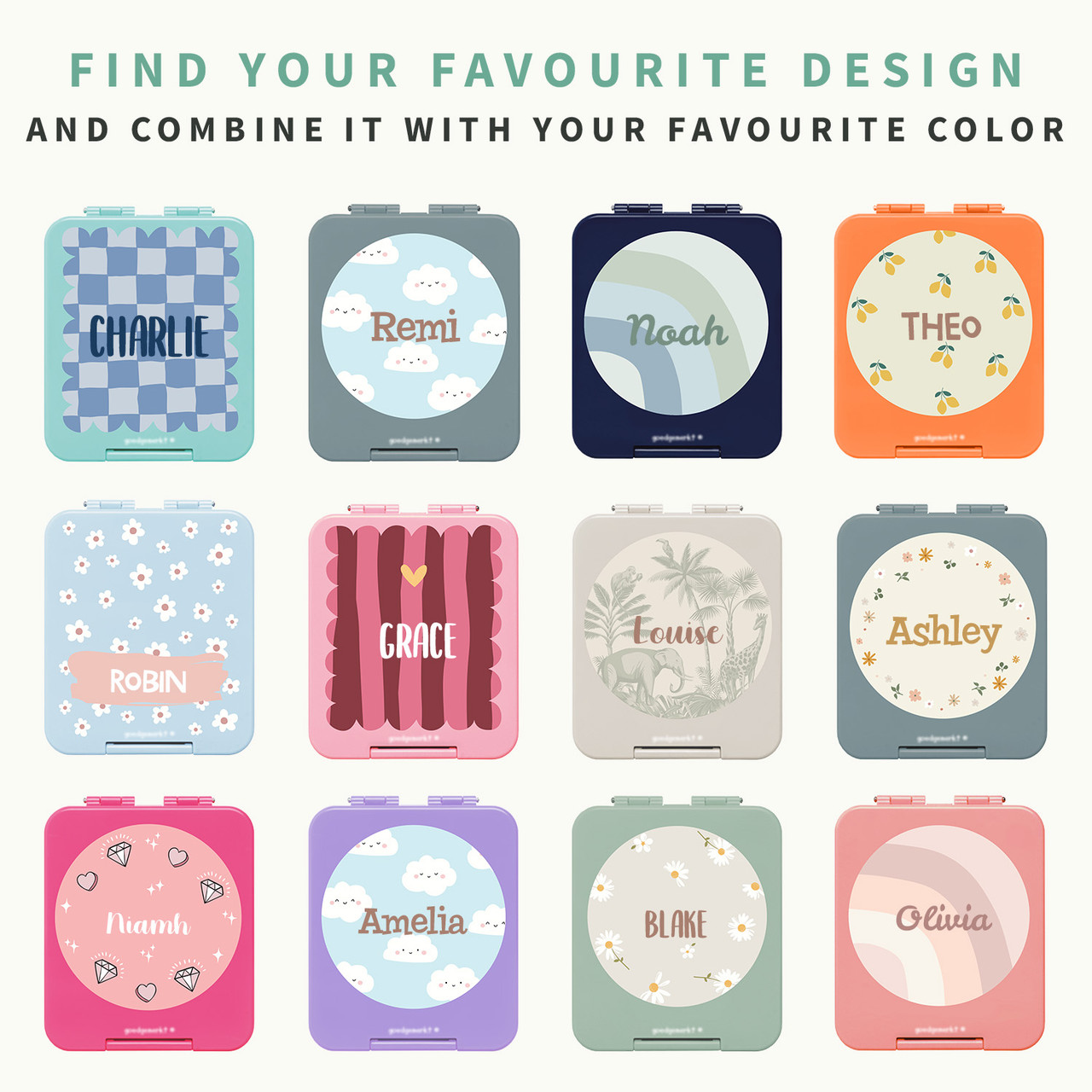 Twelve pattern lunch box designs with checks, daisies, stripes and rainbows, each with a child's name