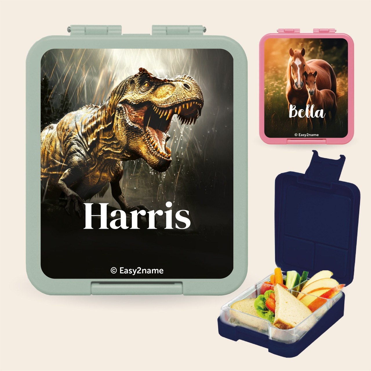 Personalised lunch box with a dinosaur photo and the name Harris, a lunch box with a horse photo named Bella, and an open box