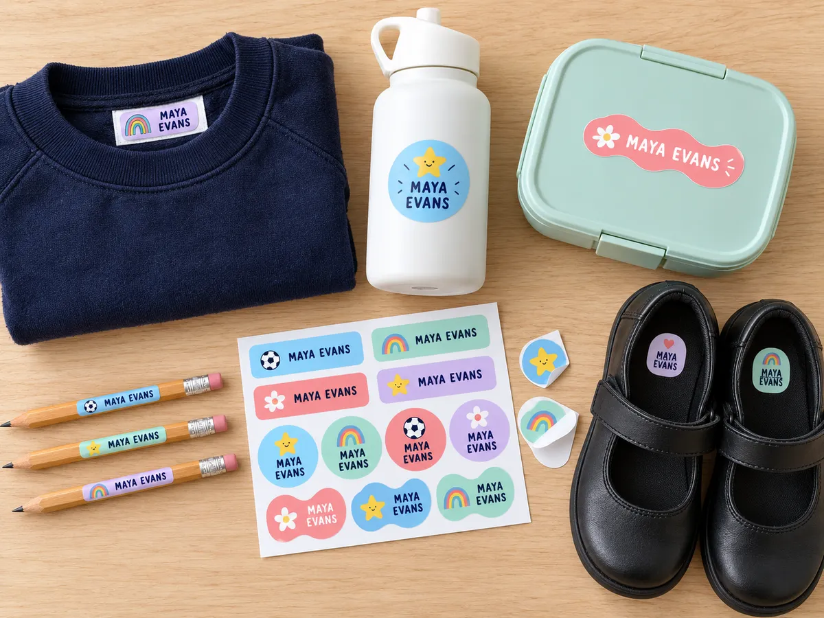 Colourful personalised Easy2Name style name stickers with icons, reading MAYA EVANS, on a school jumper, water bottle, lunch box, pencils and inside school shoes