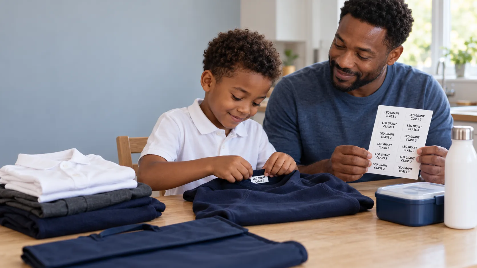 A dad and his young son at the kitchen table naming school uniform, the boy pressing a stick-on name label into the neck of a navy school jumper while his dad holds the sheet of labels