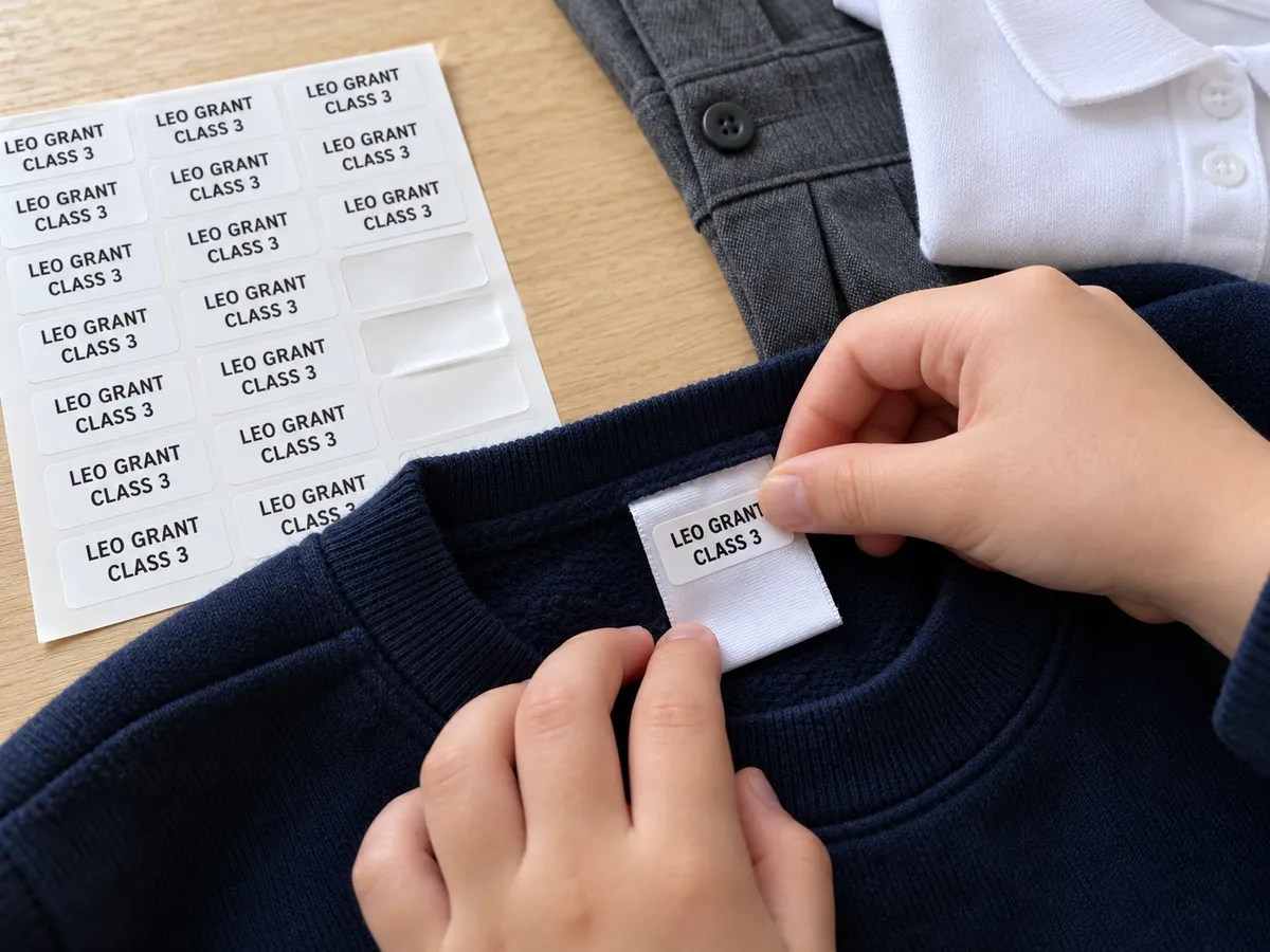 A child pressing a white stick-on name label printed LEO GRANT, CLASS 3 onto the wash label of a navy school jumper, next to a sheet of the same labels