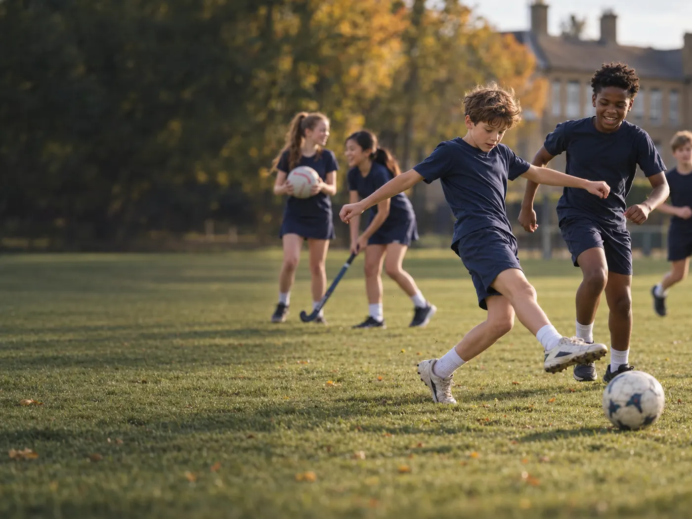 Pupils in navy PE kit playing football, netball and hockey on a school field
