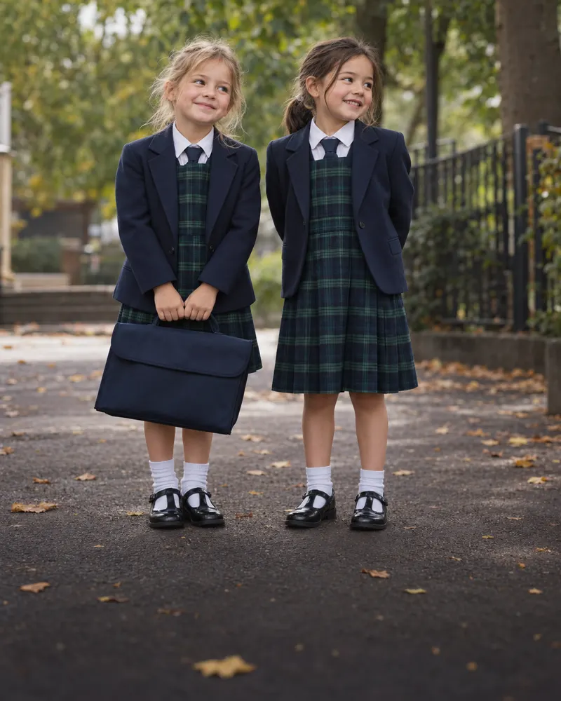 Two primary school girls in navy blazers, ties and tartan pinafores, one holding a book bag