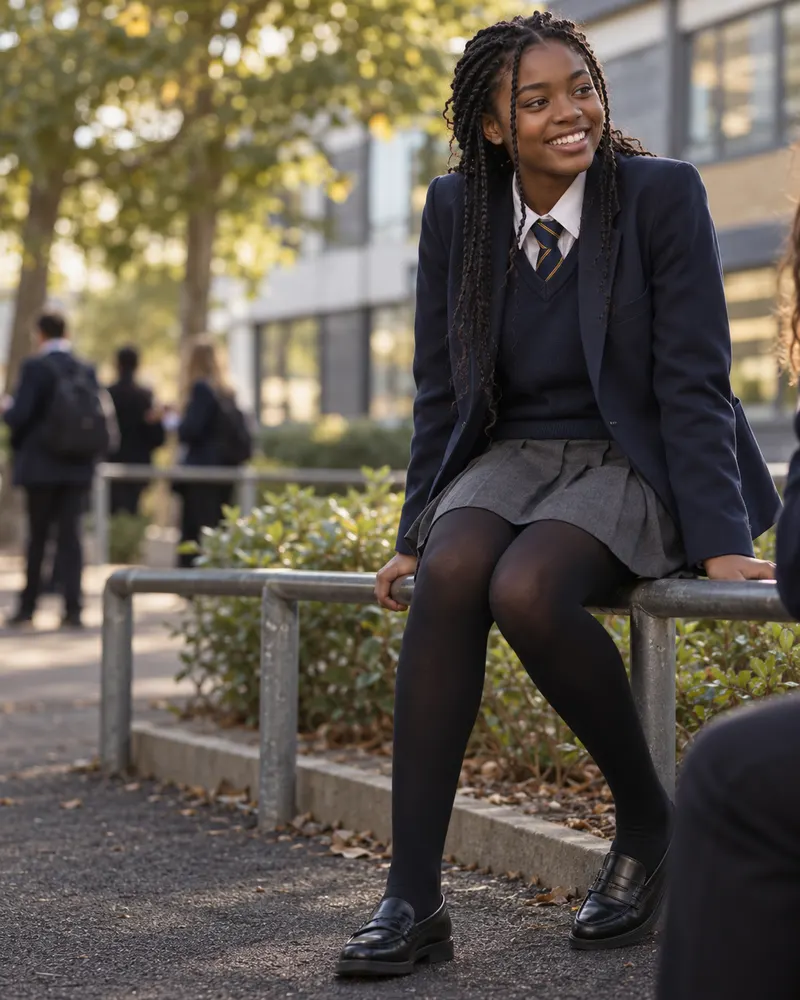 A secondary school pupil in a navy blazer, jumper, tie and grey skirt, sitting on a railing