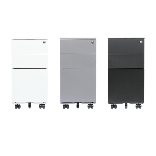 Rolling locking file cabinet for sit stand desk in white, black and grey