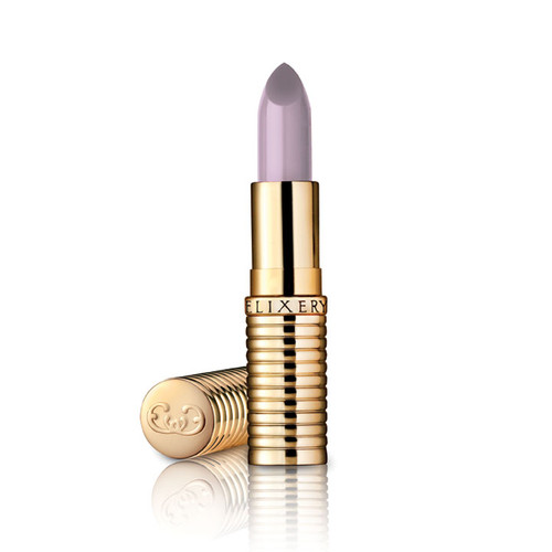 Greyish lavender lipstick called Midnighter, in a gold lipstick tube.