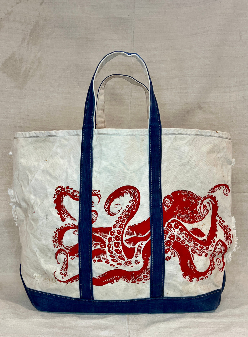 Vintage Canvas Tote Bag with Blue Straps and Painted Red Octopus