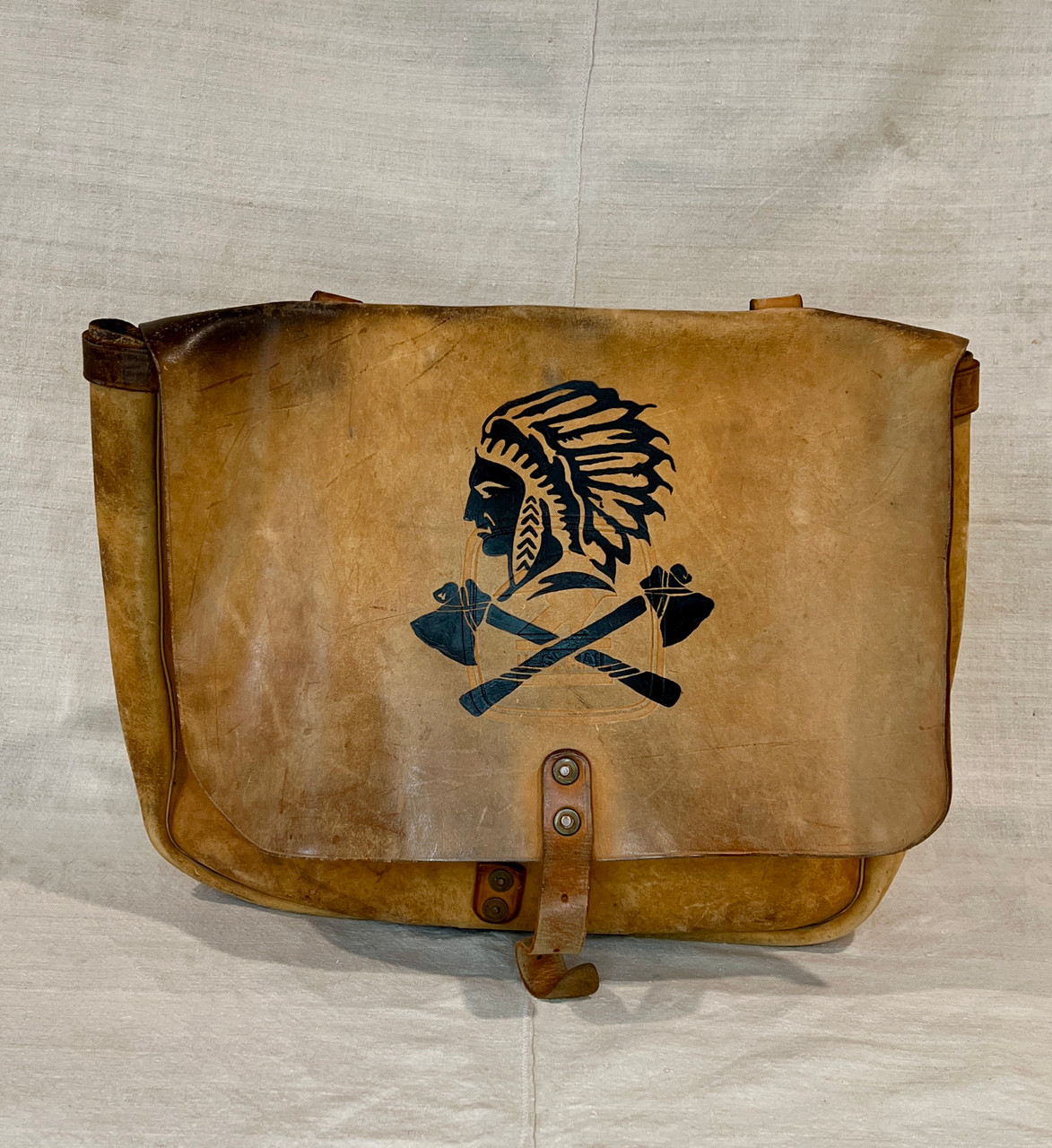 US Leather Postal Bag with Hand Painted Indigenous Chief