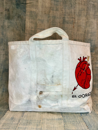 Vintage Canvas Tote Bag with Hand Painted Heart (Mexican Loteria)
