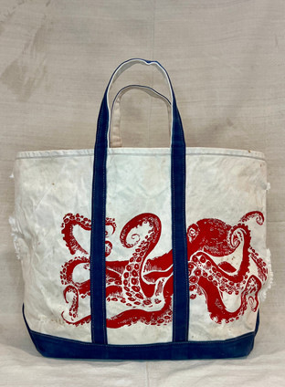 Vintage Canvas Tote Bag with Blue Straps and Painted Red Octopus