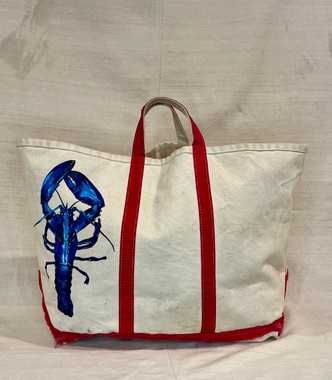 Vintage Canvas Tote with Red Handles, Red Trim and Hand Painted Blue Lobster