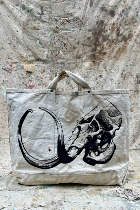 Vintage Canvas Tote Bag with Hand Painted Mammoth Skull