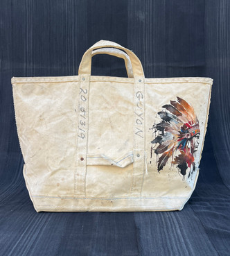 Vintage Canvas Tote Bag w/ Hand Painted Indigenous Chief