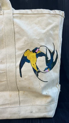 Vintage Canvas Tote Bag w/ Hand Painted Colorful Sparrows