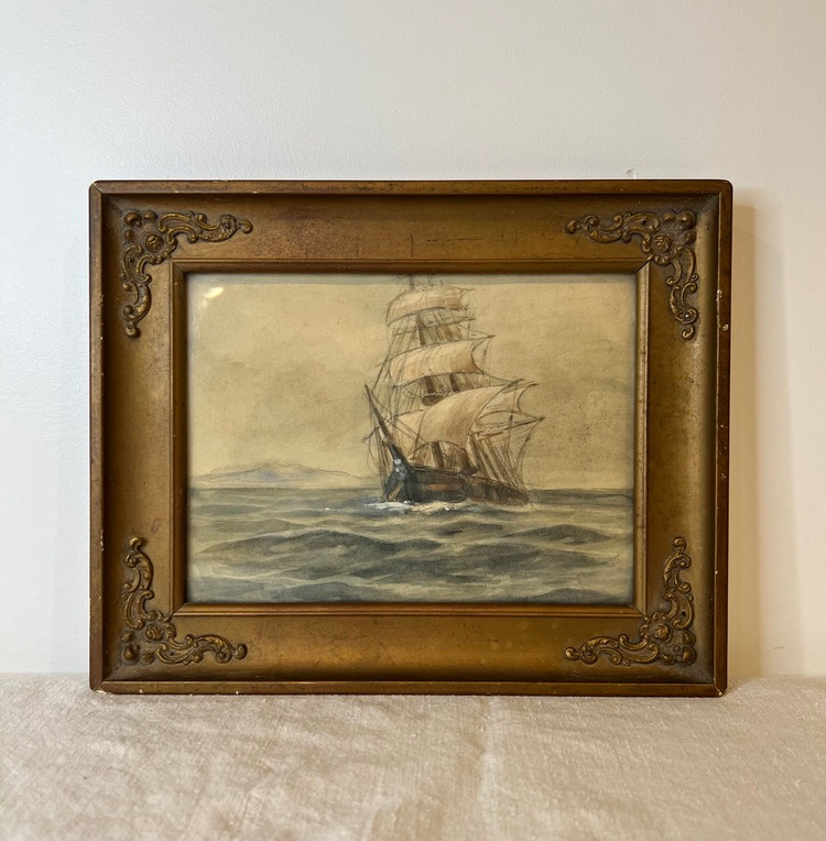 (SOLD) Vintage Framed Watercolor Ship Painting