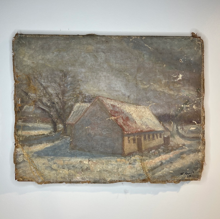 vintage antique oil painting landscape farm house signed Americana
