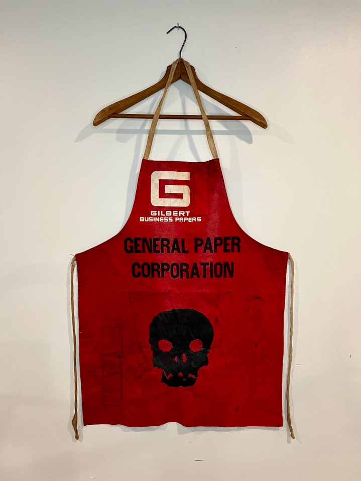 Vintage Red Canvas Apron with Hand Painted Skull
