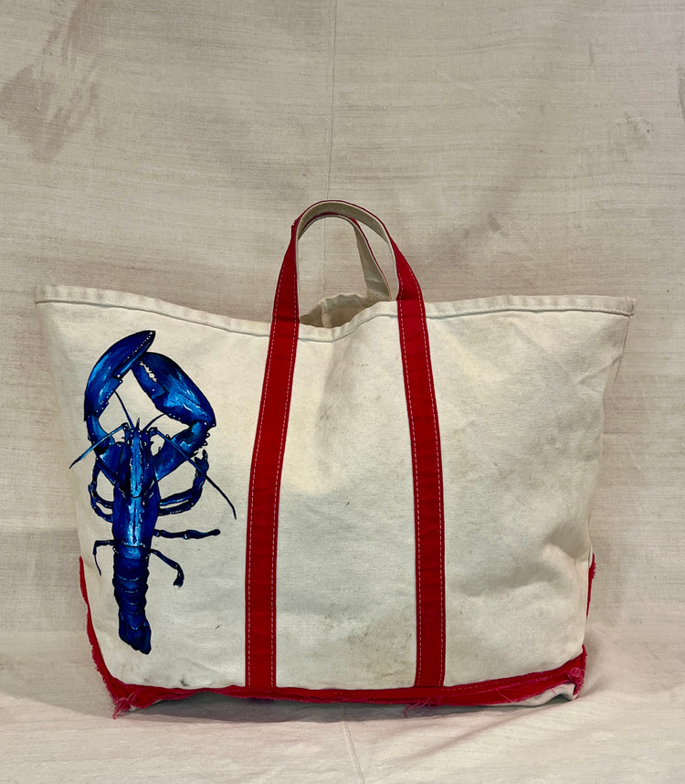 Vintage Canvas Tote with Red Handles, Red Trim and Hand Painted Blue Lobster