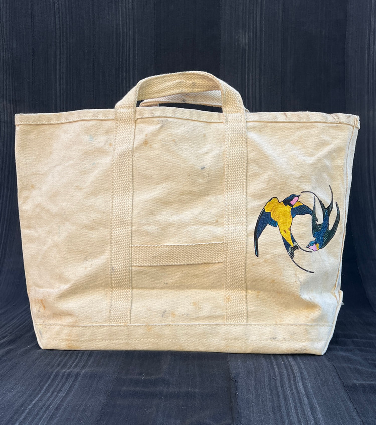 Vintage Canvas Tote Bag w/ Hand Painted Colorful Sparrows