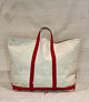 Vintage Canvas Tote with Red Handles, Red Trim and Hand Painted Blue Lobster