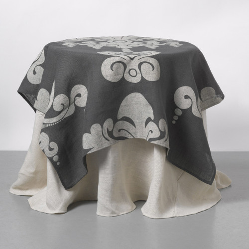 Couture Dreams Enchantique Slate Grey Table Topper with Solid Ivory Jute Table Cloth