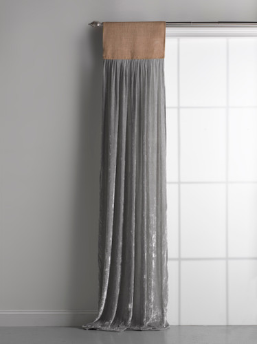 Luscious Grey Platinum Silk Velvet with Natural/Tan Jute Header Window Curtain 
