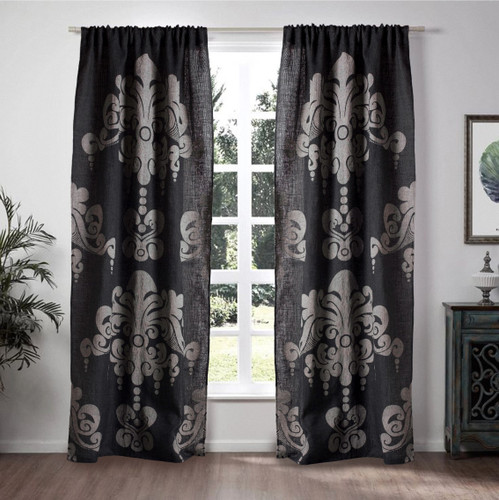 Couture Dreams Enchantique Slate Grey / Ivory Jute Damask Window Curtain Lifestyle Image
