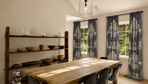 Couture Dreams Enchantique Slate Grey / Ivory Jute Damask Window Curtain Farmhouse