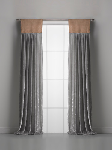 Luscious Grey Platinum Silk Velvet with Natural/Tan Jute Header Window Curtain  Pair