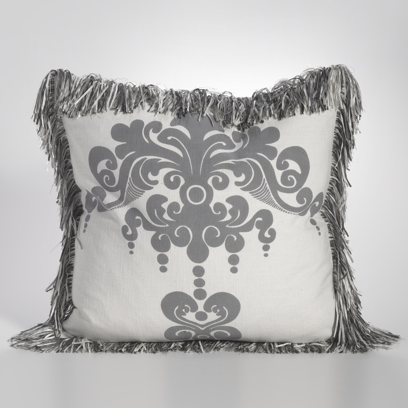 Enchantique Ivory/Dark Grey Stonewashed Decorative Throw Pillow with Fringe