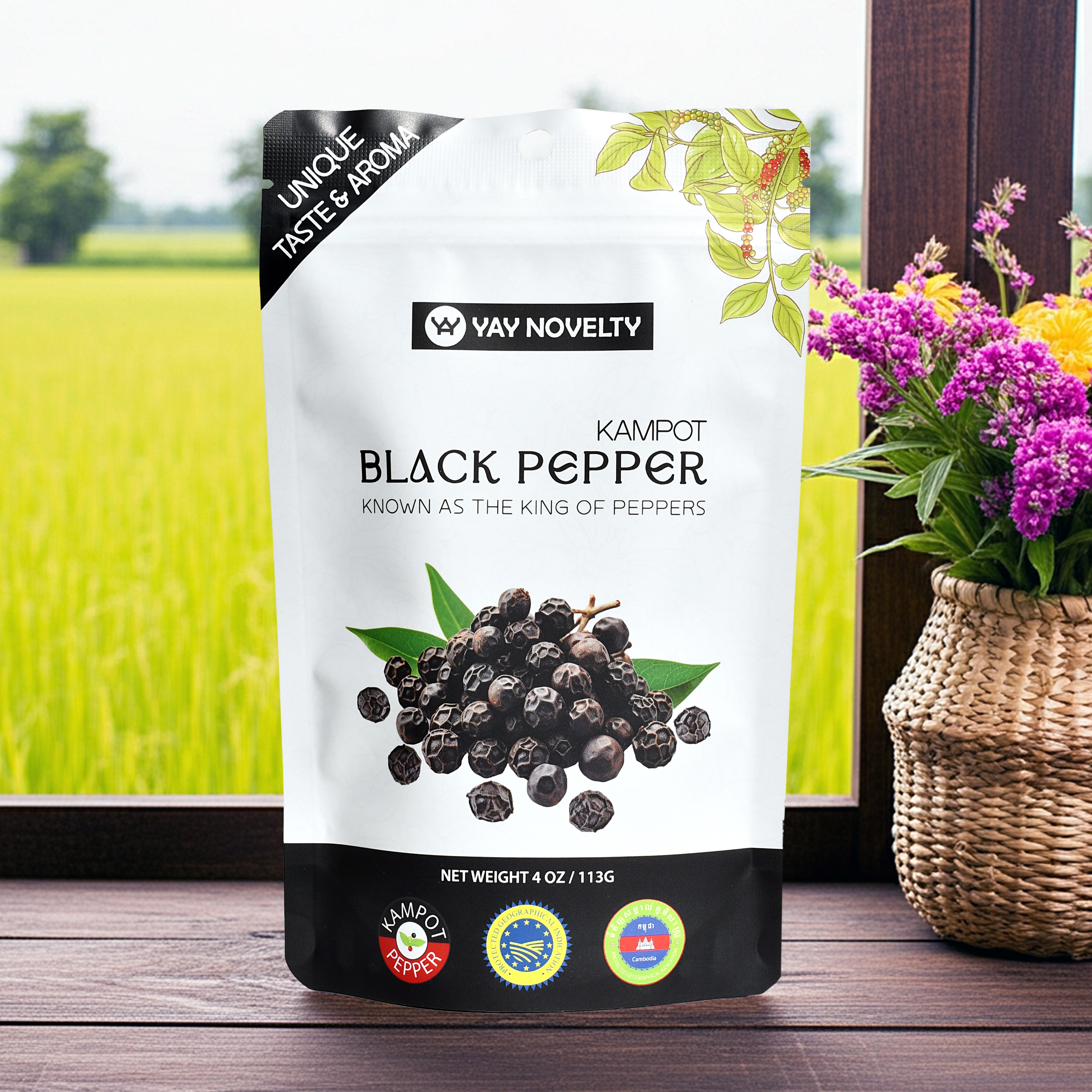 Kampot Black Pepper, known as the King of Peppers, is highly valued by chefs worldwide for its distinct flavor and aroma. This premium black pepper is cultivated in the perfect climate and soil of Kampot, ensuring exceptional quality. Awarded PGI status in 2010, Kampot Pepper is grown organically and certified by Eco-Cert. For the best flavor, use whole peppercorns and grind them fresh to enhance your culinary creations, from salads to desserts. Discover the rich taste of Kampot Black Pepper and elevate your dishes today.