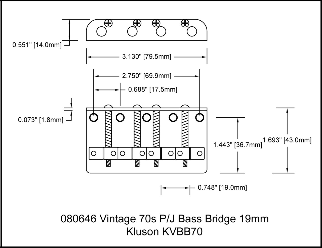 Bass Bridge 19mm 4 String chrome Kluson Vintage 70s Jazz style