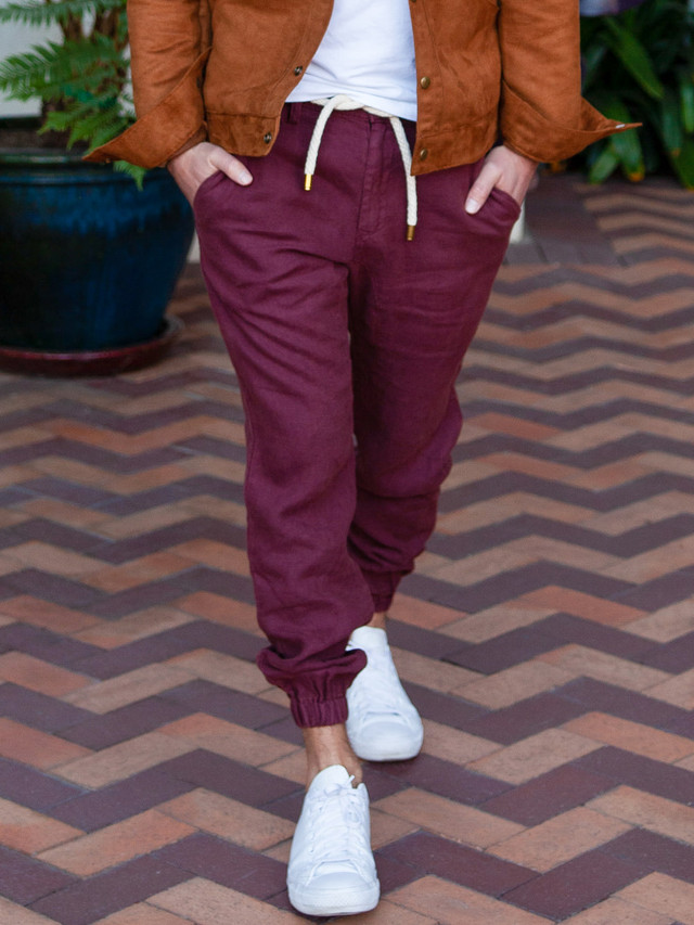 VKTRBLAK linen joggers in wine/burgundy